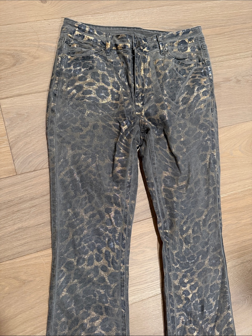 Women's Metallic Leopard Print Bootcut Jeans - Black and Gold - Picture 2 of 4